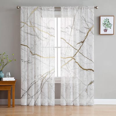 Marmeren doorschijnende gordijn raam tule voor woonkamer café slaapkamer keuken chiffon doorschijnende raambehandeling decoraties 1 PCS W100XH250cm&Grommet Top white