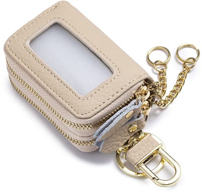 Echt lederen sleuteletui met dubbele ritssluiting - Heuptasje van hoogwaardig rundleer - Unisex - Sleutelhouder - Draagbaar -Autosleutel leren etui - autosleutel unisex leren etui met transparante rits en venster -Gebroken wit