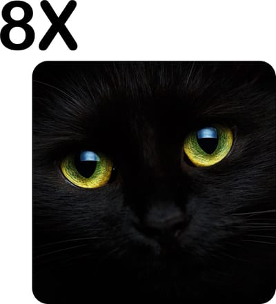 Luxe Placemat - Zwarte Kat met Heldere Ogen - Set van 8 Placemats - 50x50 cm - 2 mm dik Vinyl - Anti Slip - Afneembaar