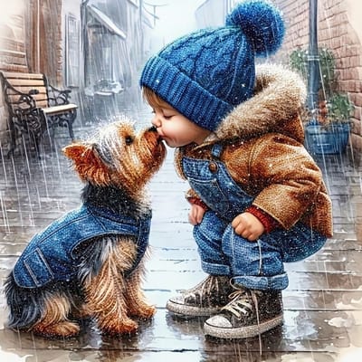 Multicolor kind hond Diamond Painting schilderij dames en heren kind met hond regen straat volledige bedekking DIY decoratie zonder lijst 20x20 cm wanddecoratie kunst