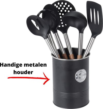 Keukengerei 7 delige set - patel - kleine en grote schuimspaam / zeeflepel - spaghetti lepel - soeplepel - opscheplepel / serveerlepel - handige metalen houder