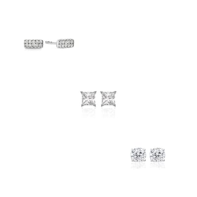 New Bling 9NB-SET040 Zilveren Oorknopjes setje - 3 paar - Earparty - Oorbellen - Rechthoek 5,8x2,5mm - 3+4mm - Zirkonia - Rhodium - Zilver