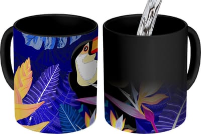 Magische Mok - Foto op Warmte Mokken - Koffiemok - Jungle - Toekan - Bloemen - Planten - Kinderen - Paars - Dieren - Magic Mok - Beker - 350 ML - Theemok