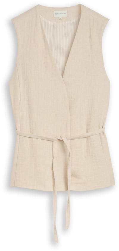 Tom Tailor - Crinkle blazer-vest met linnen - Maat 46 - sand stone beige melange