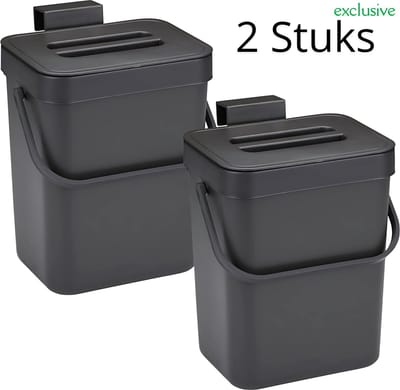 Prullenbak 3 liter Zwart - 2 Stuks - Compostbak keuken 3 l - ophangbare bio-afvalbak, hangende opslag, afvalbak met deksel voor keuken, badkamer, auto, kantoor, slaapkamer (zwart)