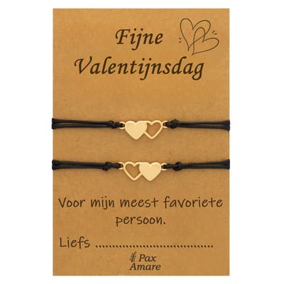 Koppel Armbandjes voor 2 "Fijne Valentijnsdag" - Hartjes - Vriendschapsarmbandjes met Persoonlijk Cadeau Kaartje - Goudkleurig - Elastisch Verstelbaar - Pax Amare