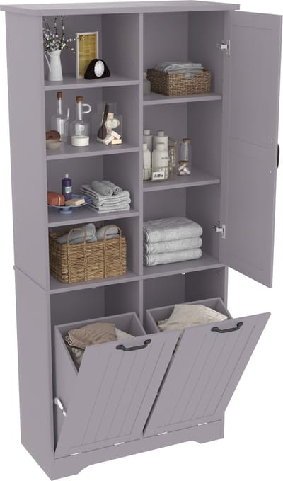 Badkamerkast - Hoge kast - Badkamermeubel - Opbergkast - Vochtbestendig - Verstelbaar - Dubbele wasmand - Open vakken - Badkamer - 172,7cm - 1 stuk - Grijs