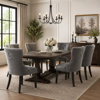 Eetkamerstoelen - Set van 6 - Eetkamerstoel met Eikenhouten Poten - Moderne Stoel - Knopen Details - Chromen Nagelkop Afwerking - Keukenstoel - Woonkamerstoel - Slaapkamerstoel - Lounge Stoel - Vrijetijdsstoel - Grijs