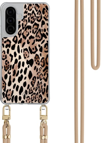Casimoda® hoesje met beige koord - Geschikt voor Samsung A26 - Luipaard print bruin - Afneembaar koord - TPU/polycarbonaat - Bruin/beige