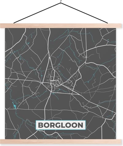 Posterhanger incl. Poster 40x40 cm - Schoolplaat - Stadskaart – Grijs - Kaart – Borgloon – België – Plattegrond - Textielposter - Blanke latten - Stadskaart