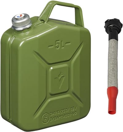 Metalen jerrycan - legergroen - voor brandstof - met magnetische dop - 5 liter - incl. grijze schenktuit 24 cm