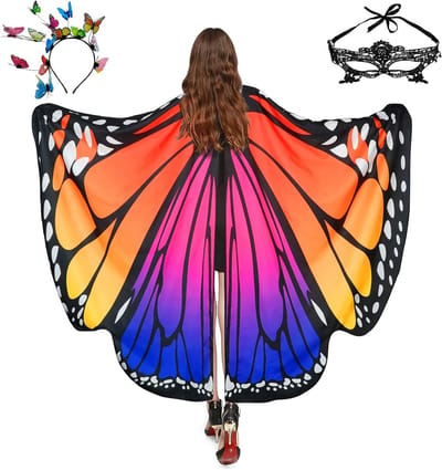 Vrouwelijk Vlinder Kostuum met Hoofdband, Gezichtsbedekking en Cape - Ideaal voor Carnaval en Feestjes met Strassprint en Sierlijke Vleugels
