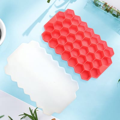 Waledano® Siliconen Ijsblokjesvorm Met Deksel, Ijsvormpjes, Honingraatvormige ijsblokjesvormen, Vaatwasmachinebestendig, Whisky & Cocktails, 37 Ijsblokjes , Rood