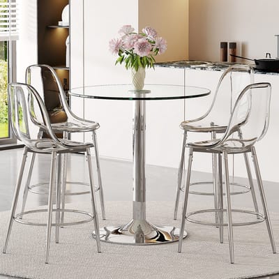 MIVRAY Barset 89 cm - Ronde Glazen Bartafel met 4 Transparante Barkrukken - Voor Open Keuken en Lounge - Zilver Transparant
