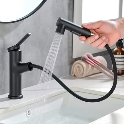 Zwarte Mengkraan voor Badkamer met Uittrekbare Douche, Hoge Druk, 3 Modi, Ideaal voor Wastafel en Badkamerinrichting