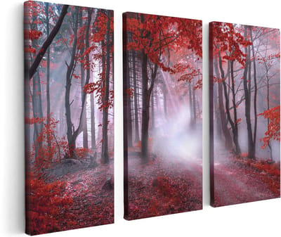 Artaza Canvas Schilderij Drieluik Rood Bos Met Bomen - 120x80 cm - Wanddecoratie Woonkamer - Schilderijen - Muurdecoratie