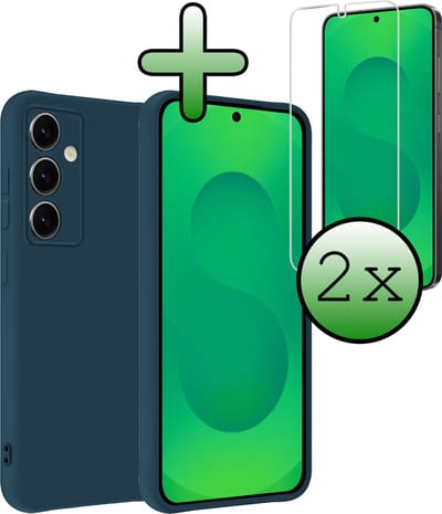 Hoesje Met 2x Screenprotector - Geschikt voor Samsung Galaxy S25 - Sterk & Shockproof - Back Cover - Siliconen Case - Telefoon Hoes - Donkerblauw