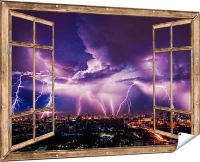 Gards Tuinposter Doorkijk Blikseminslag op een Stad in het Paars - 180x120 cm - Tuindoek - Tuindecoratie - Wanddecoratie buiten - Tuinschilderij
