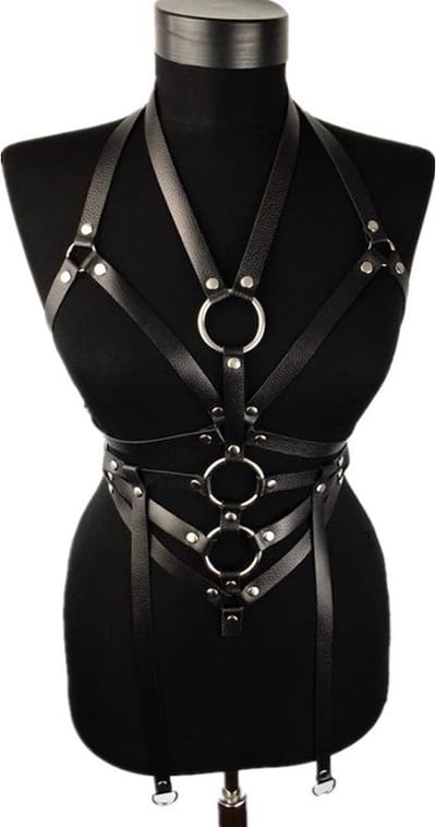 Nooitmeersaai - Harnas Vrouw - Leer - Bovenlichaam - Zwart - BDSM Extreme - Bondage Harnas