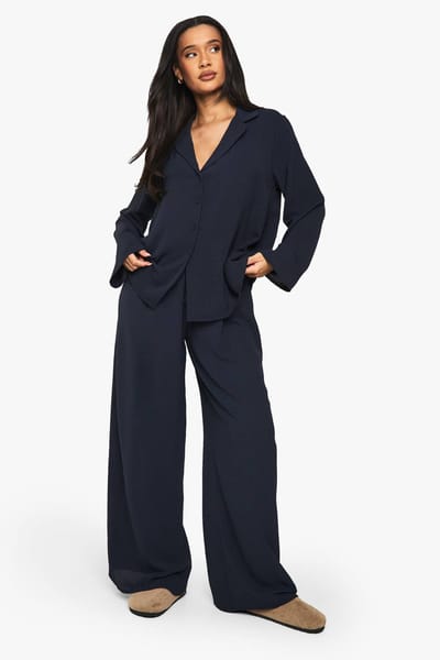 boohoo Dames Gevlochten Oversized Shirt & Broek met Trekkoord Co-ord | Marineblauw | Maat: 38