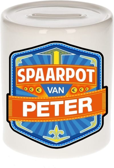 Bellatio Decorations Kinder spaarpot met naam - Peter - keramiek - met dop - wit - Sparen - Spaargeld van Peter