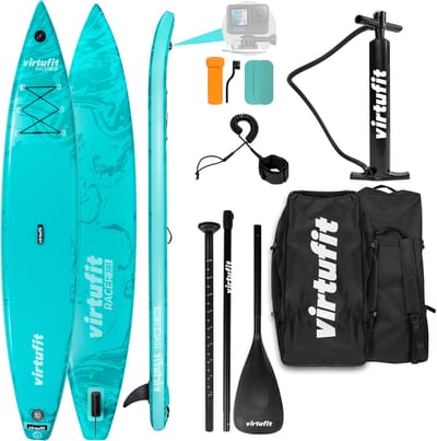 VirtuFit Racer Opblaasbaar SUP Board 381 cm - Met GoPro Mount, Kickpad & Accessoires - Inclusief Verstelbare Peddel, Pomp & Draagtas - Stand Up Paddle Board - Turquoise