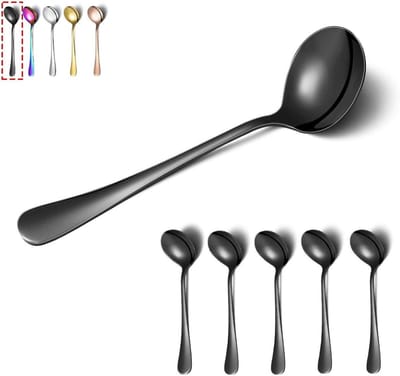 Set van 6 Zwarte Ronde Soeplepels van Roestvrij Staal met Titanium Coating, Vaatwasserbestendig Bestek voor Tafelgebruik