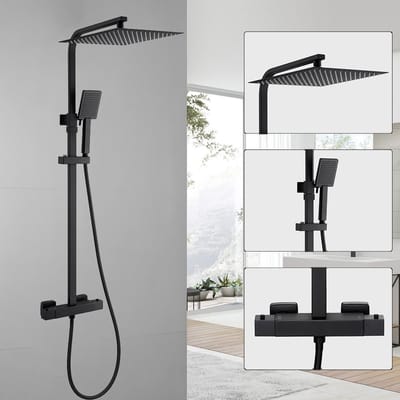 Auralum Max Regendouche - 12 inch Douchekop - Inclusief thermostaatkraan - Doucheset - Vierkant Design - Verstelbare Hoogte 82-125 cm - Waterbesparend - Zwart