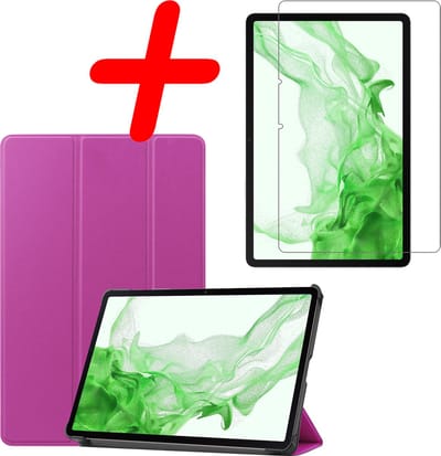 Hoesje Geschikt voor Samsung Galaxy Tab S8 - Met Screenprotector - Trifold Bookcase - Hard Cover - Hardcover Book Case - Tablet Hoes - Paars