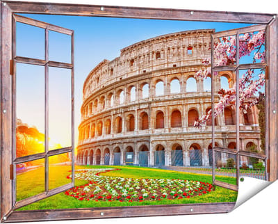 Gards Tuinposter Doorkijk Colosseum bij Zonsopgang in Rome, Italië - 150x100 cm - Tuindoek - Tuindecoratie - Wanddecoratie buiten - Tuinschilderij