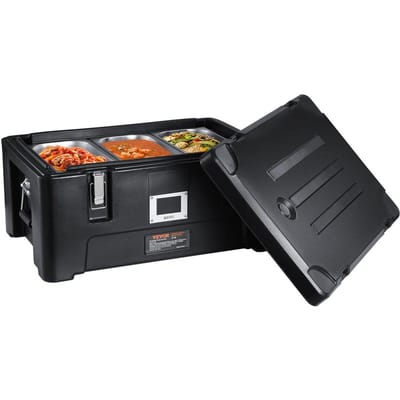Geïsoleerde Voedselpan Drager, 36Qt Capaciteit, Stapelbare Catering Hete Doos met 3 Roestvrijstalen Pannen, Top Load LLDPE Voedselwarmer met Elastische Zijkant