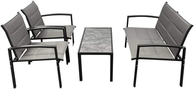Kynast Loungeset 4 delig van metaal met bank, 2 stoelen en tafel zwart grijs, voor binnen en buiten 4 delige tuinset