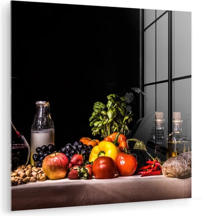 MuchoWow® Glasschilderij 20x20 cm - Schilderij acrylglas - Stilleven - Eten - Drinken - Fruit - Zwart - Foto op glas - Muurdecoratie woonkamer - Wanddecoratie slaapkamer - Schilderijen