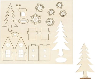 DIY Houten figuren, huis, bomen, hert, L: 15,5 cm, B: 17 cm, dikte 3 mm, 1 doos