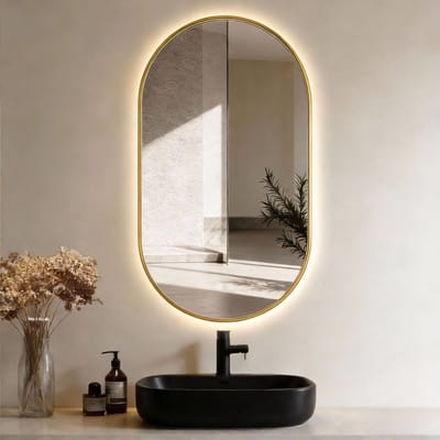 Zimmer LED Badkamerspiegel Ovaal 50 x 100 cm – Gouden Rand – Dimbare LED Verlichting – Anticondensfunctie – Touchbediening – Luxe Design