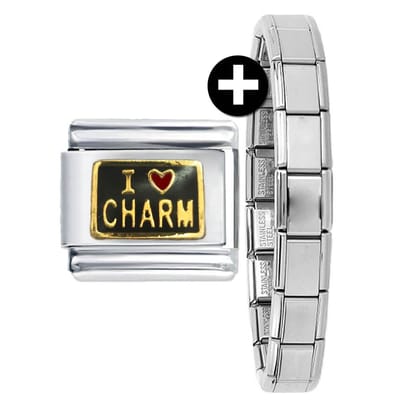 Bedel - Schakel - I Love Charm - inclusief armband - 9mm - Geschikt voor Italiaanse Bedelarmband - 9mm Schakelarmband - Charm - Zwart/Goud
