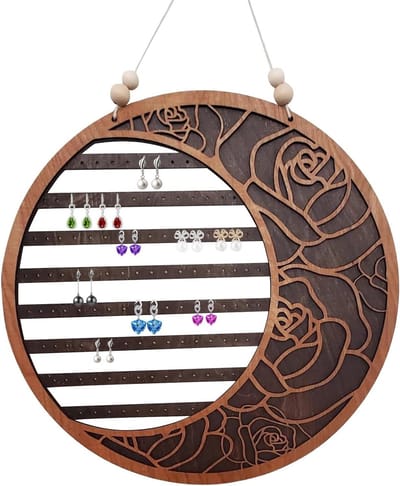 Muurhanger Sieraden - Oorbelhouder Hanger - Sieraden Opbergen - Houten Maan Design - 33.7 cm Breed - Volle Maan