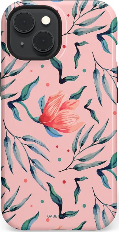 Casetastic hoesje geschikt voor Apple iPhone 15 - MagSafe - Dubbellaagse bescherming - Roze Bloemen en Takken - Fashion Case - Lichtroze Zilver Perzik