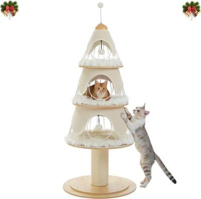 Kattenu Krabpaal Kerstboom voor Katten - Krabpaal Kerst Wit - Unieke Krabpaal voor katten - Houten kerstboom