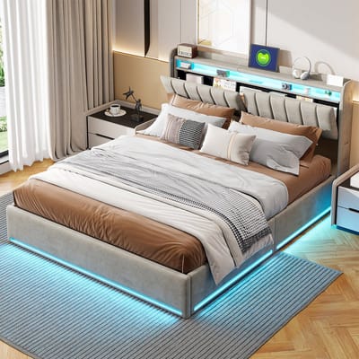 Gestoffeerd bed, 140x190cm, met LED-verlichting en USB-aansluiting, Opbergbed, tweepersoonsbed, Continentaal bed, lattenbodem, fluweel,Grijs