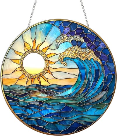 Raamdecoratie met Blauwe Golven - 20x20 cm Acryl Zonvangende Hangdecoratie voor Woonkamer, Tuin en Patio