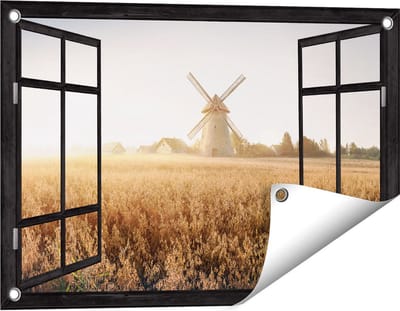 Gards Tuinposter Doorkijk Windmolen in het Veld - 60x40 cm - Tuindoek - Tuindecoratie - Wanddecoratie buiten - Tuinschilderij