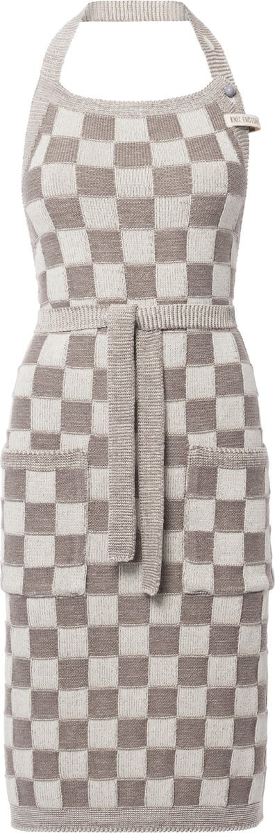 Knit Factory Gebreide Keukenschort Dames & Heren - Kookschort - Kokssloof - Keukensloof - Koksschort - Barbecue schort Block - Ecru/Taupe - Bruin - One Size - Met steekzakken
