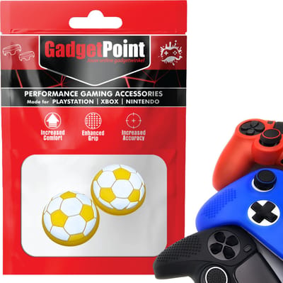 Gadgetpoint - Thumb Grips voor PlayStation, PS5, Xbox X/S, One & Switch Pro Controller - Gaming Thumbgrips - Performance Anti-Slip Thumbsticks - Bescherming Accessoires - Voetbal - Wit met Geel
