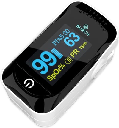 BURCH Med® - Pro Saturatiemeter zuurstofmeter vinger - Saturatiemeters met hartslagmeter & oximeter - Saturatiemeter best getest - CE/FAGG saturatiemeter medisch goedgekeurd - WIT- NL FR EN - Koord Tasje Batterijen