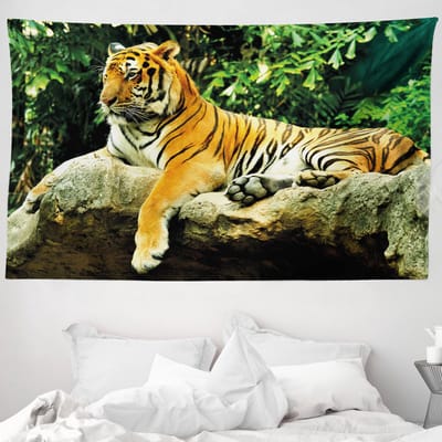 ABAKUHAUS Tijger Wandtapijt en Sprei, Grote Kat Rustend in het Bos, 230 x 140 cm, Camelgroen
