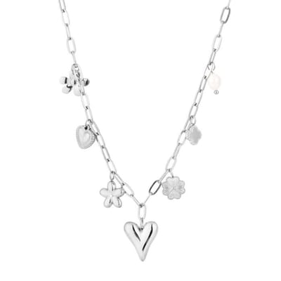 Bijoutheek Collier Bedels Charm Hartje Bloem Zilverkleurig