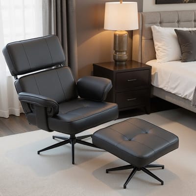 MODFU - Relaxfauteuil Met Voetenbank - Verstelbare Hoofdsteun - Modern Design - Imitatieleer - Zwart