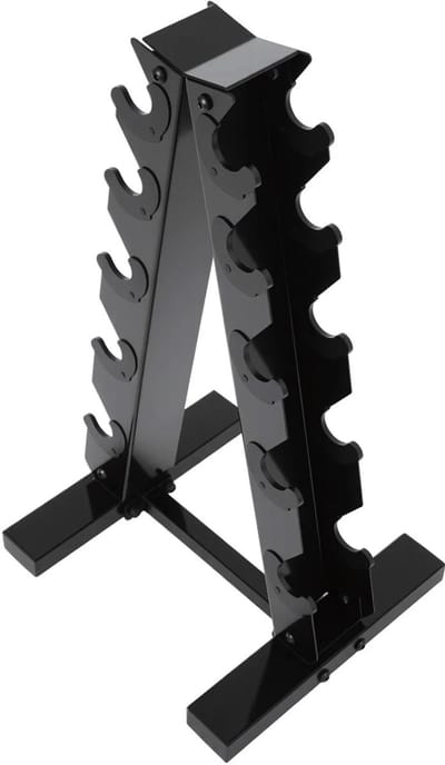 Sello! halterrek dumbells – A-frame – 5 paar – draagvermogen 100kg – rubberen houders – open ontwerp – stalen constructie