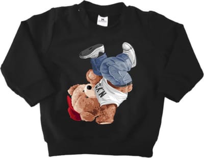 Sweater jongen - Sweater meisje - Beer met rode pet - Sweater met print - Zwart - Stoere zachte sweater - Maat 74